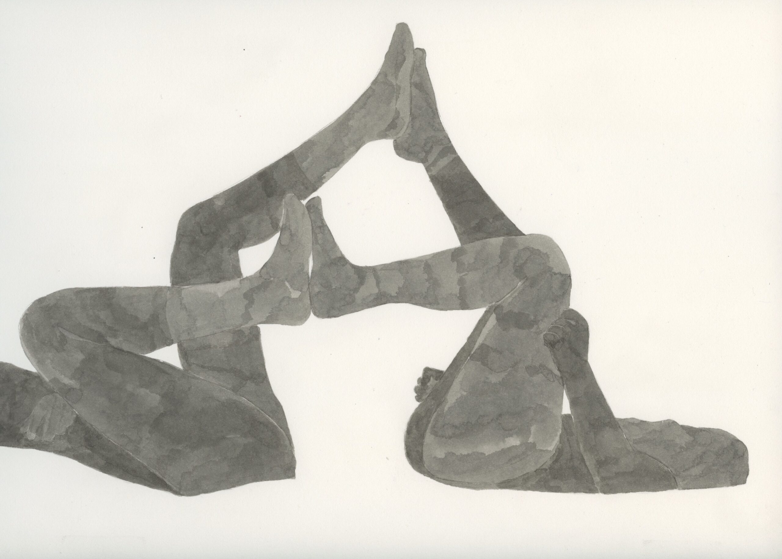 Artwork of two bodies laying with their feet raised, soles against eachother.